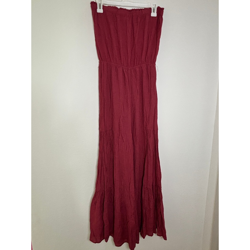Entro Burgundy Strapless‎ Wide Leg Jumpsuit M Boho Tiered Ruffle Wine Red